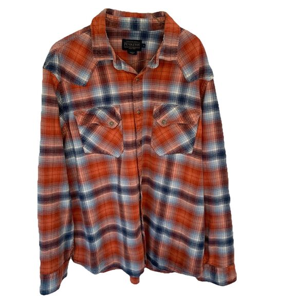 PENDLETON Wyatt Flannel Shirt Men’s XL Blue/Orange/Lt Blue Plaid Heavy Cotton - Picture 5 of 7